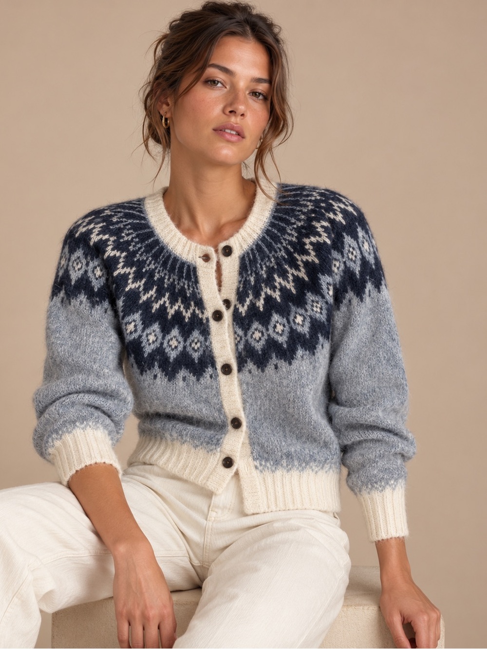 Alex Mill Fair Isle Blue Cream Button Front Cardigan Size L